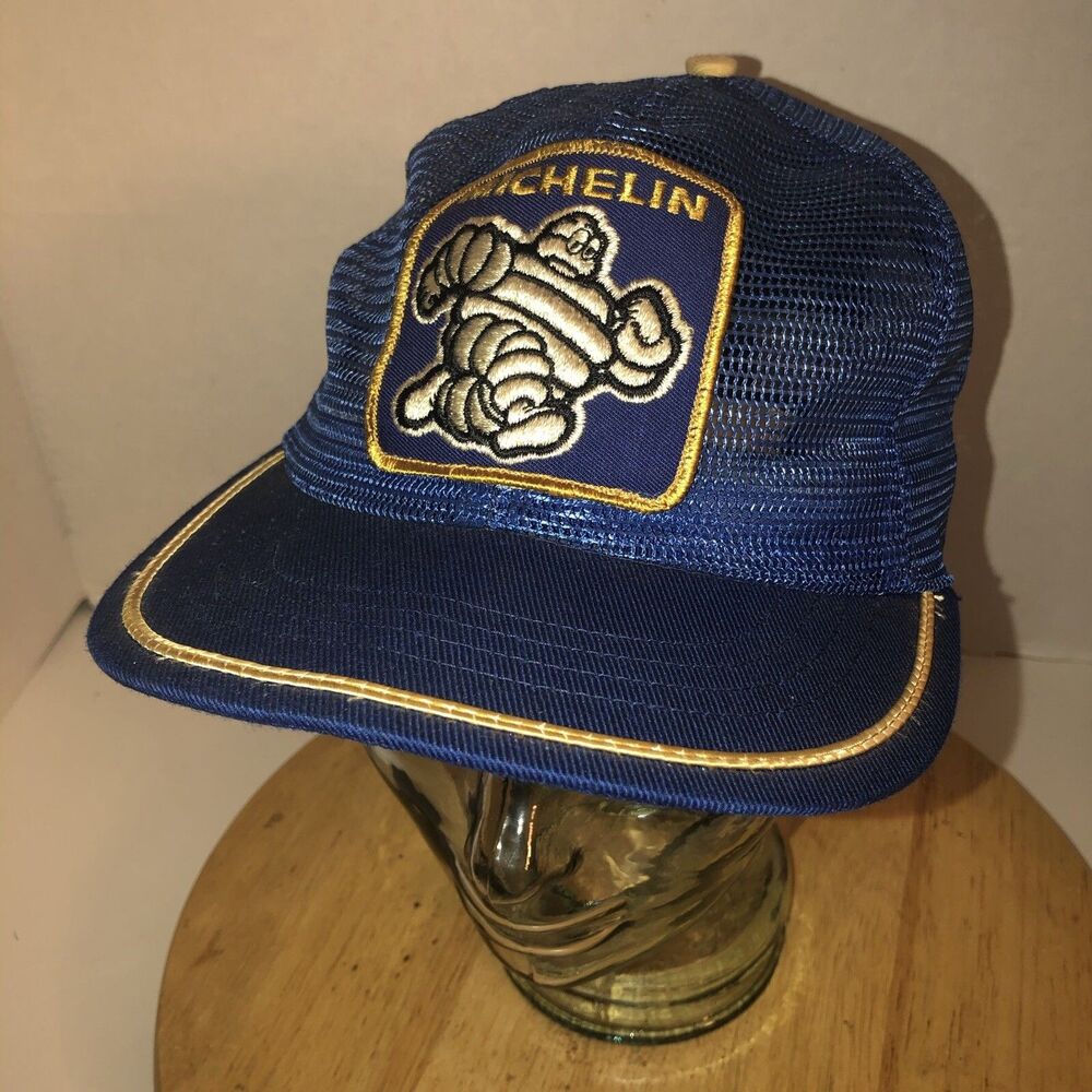 Vintage 80s MICHELIN MAN Blue Mesh Trucker Hat Cap Snapback Large Patch USA